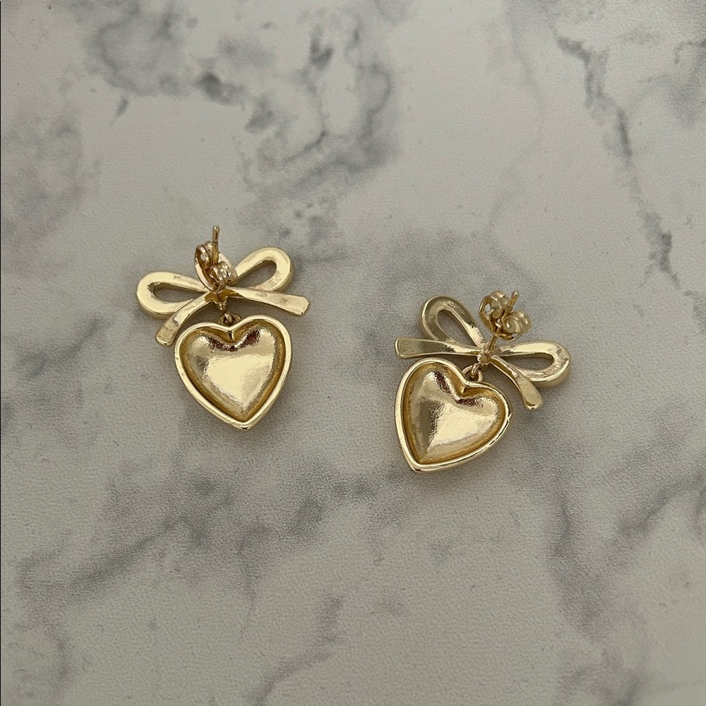 Gold Heart Bow Earrings - Picture 4 of 4